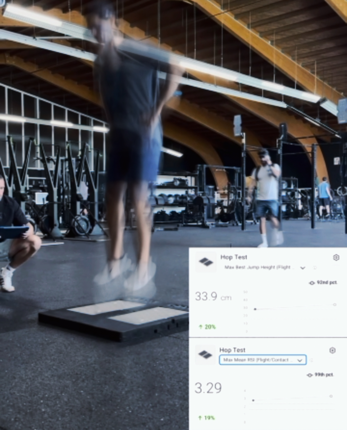 Sportler im Sprung auf der Kraft-/Sprungmessplatte in der Trainingshalle, im Bild eingeblendet die Live-Auswertung des Hop-Tests (Sprunghöhe, RSI)